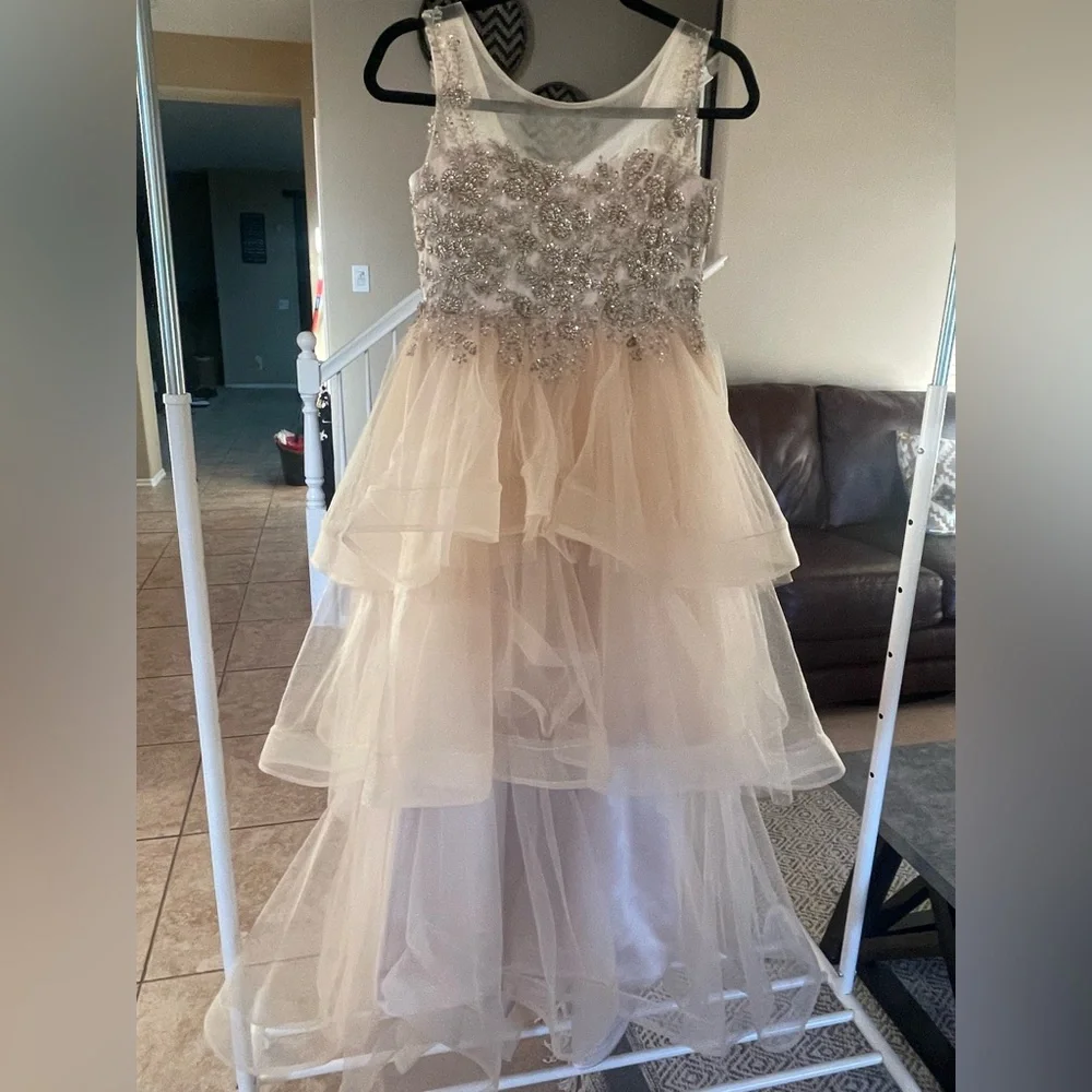 Girls' Special Occasion Tulle Tiered Dress with lace appliqué.